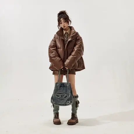 美式复古PU皮棉服女加厚冬季外套2023新款街头潮牌宽松面包服棉衣商品大图