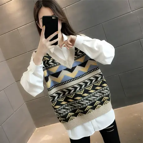 春秋文艺范提花无袖针织毛衣坎肩女宽松圆领套头打底上衣马夹背心商品大图