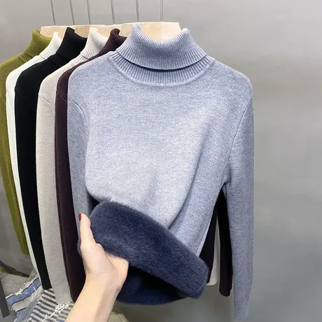 加绒高领毛衣女一体绒打底衫2023秋冬新款套头内搭上衣加厚针织衫商品大图