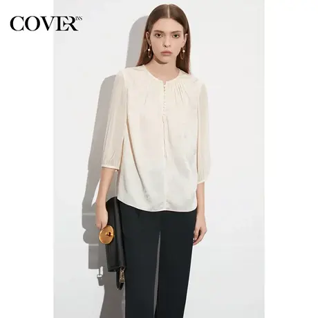 COVER夏季醋酸拼接真丝雪纺袖衬衫图片