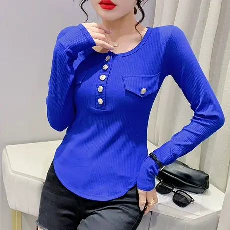 网红克莱因蓝T恤打底衫女长袖2024春装欧货高腰紧身百搭上衣内搭商品大图