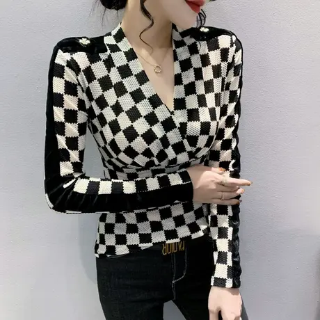 棋盘格网纱打底衫女春秋欧货气质V领长袖T恤设计感撞色修身上衣服商品大图