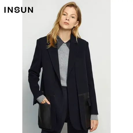 INSUN恩裳冬季羊毛大方拼接H型毛呢外套图片