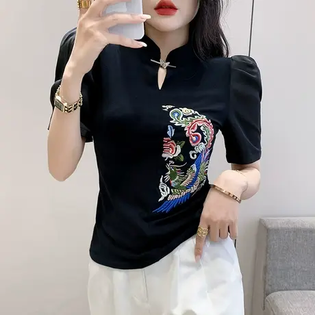 中国风刺绣T恤女短袖复古气质镂空上衣夏季别致修身显瘦立领小衫图片