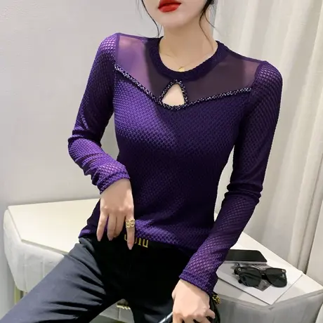 性感镂空T恤女长袖春装2024新款内搭网纱打底衫时尚修身钉珠上衣图片