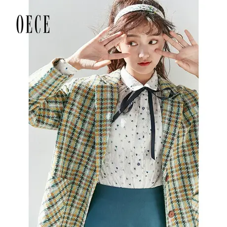 Oece复古格纹西装外套春秋新款女装气质设计感小众西服商品大图