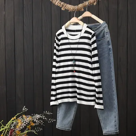 秋季新款拼色条纹长袖针织衫女外穿圆领显瘦镂空薄款毛衣打底上衣图片