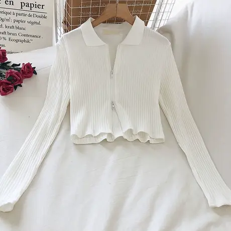 长袖t恤女ins潮小众设计感春秋韩版修身高腰短款开衫双拉链上衣服图片