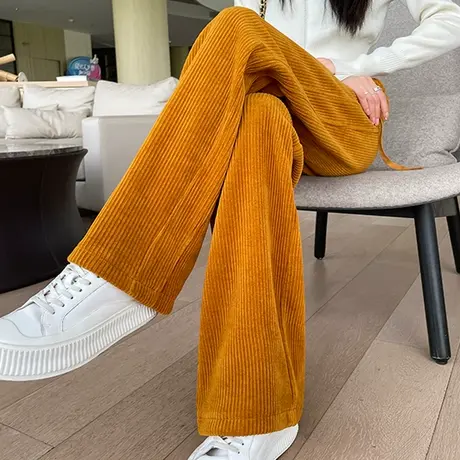 南瓜黄灯芯绒阔腿裤女秋冬高腰垂感宽松直筒显瘦雪尼尔条绒休闲裤图片