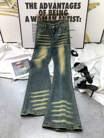 街头复古水洗怀旧蓝高腰牛仔微喇裤女毛边腰围气质弹力提臀喇叭裤商品大图