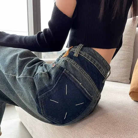 高腰阔腿撞色牛仔裤女春秋款2023年新款显瘦水洗做旧直筒拖地裤子图片