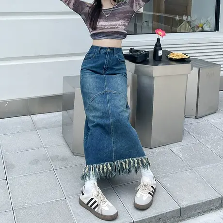 复古蓝毛边流苏开叉牛仔半身裙女秋季爆款新款遮肉垂感百搭包臀裙图片