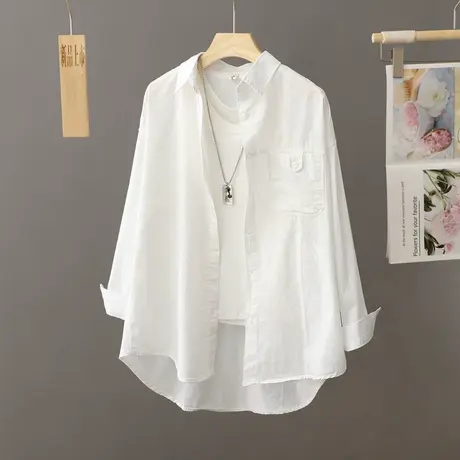 休闲白色衬衫外套女式中长款宽松春秋季2024新款上衣外穿衬衣外套图片