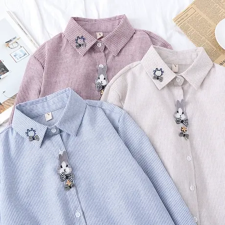 条纹长袖衬衫女装2020春新新款森女可爱清新刺绣宽松学生百搭衬衣图片