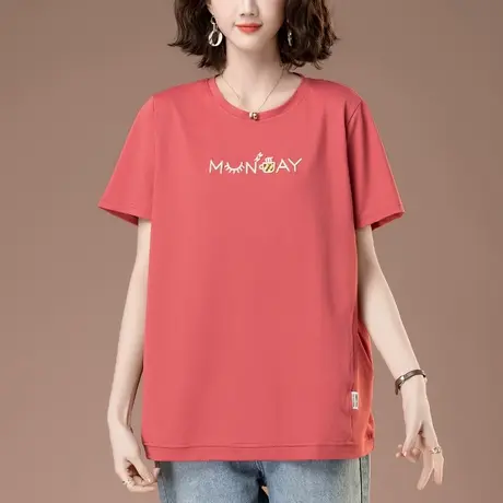 纯棉短袖t恤女夏季宽松加肥加大码女装中年妈妈刺绣百搭显瘦上衣商品大图