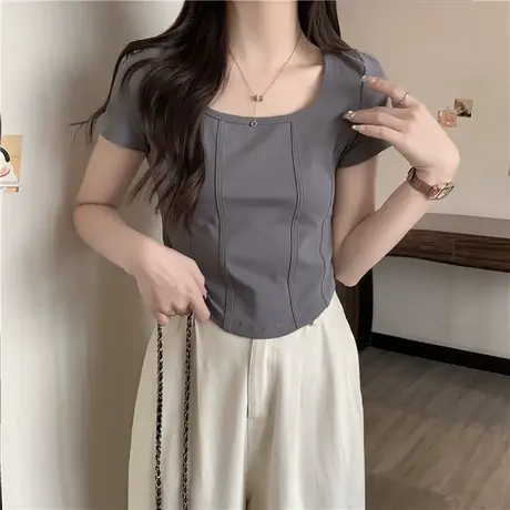 方领鱼骨短袖T恤女夏季洋气韩版百搭修身显瘦小众别致chic上衣潮商品大图