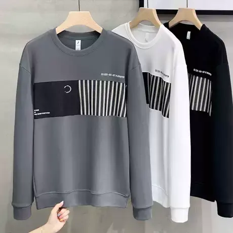 2023春秋季新款男士休闲卫衣潮流拼接圆领套头上衣ins长袖T恤外套商品大图