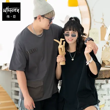 伟臣潮流日系大码工装短袖T恤男胖子加肥加大拼接半袖肥佬五分袖商品大图