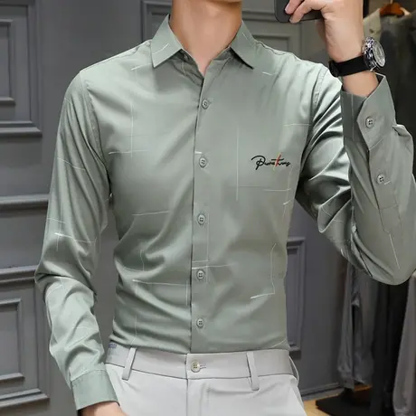 白衬衫男长袖修身商务正装工装春秋新款绣花衬衣男士高级感寸衫商品大图