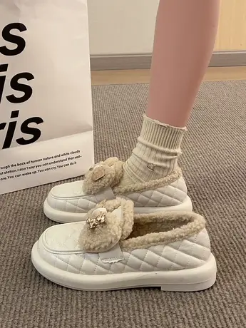 蝴蝶结毛毛鞋女外穿2023冬季新款一脚蹬孕妇鞋豆豆鞋加绒保暖棉鞋商品大图