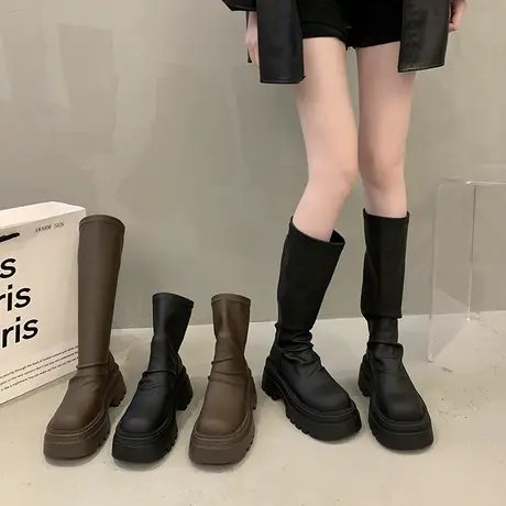 长筒靴女2023年春秋季新款法式小个子增高显瘦靴子粗跟厚底骑士靴图片