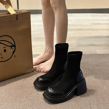 厚底袜靴女2024秋冬季新款粗跟弹力瘦瘦靴短靴绒面套筒马丁女靴子商品大图