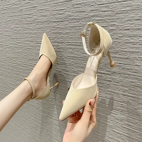 尖头一字带高跟鞋女细跟2024年春夏新款包头性感职业工作中空单鞋商品大图