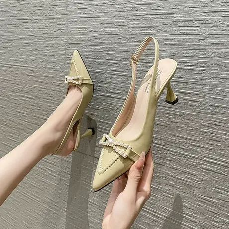 包头珍珠水钻一字带凉鞋女细跟2024夏季新款仙女风百搭气质高跟鞋商品大图