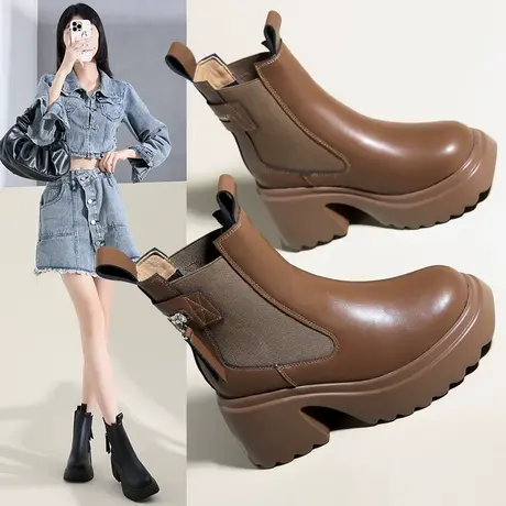 冬季加绒靴子女2023新款高级感小短靴高跟时装靴粗跟厚底春秋单靴图片