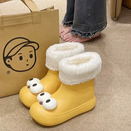 雨靴女冬季学生可爱大眼睛加绒中筒水鞋外穿保暖防滑防水耐磨胶鞋图片