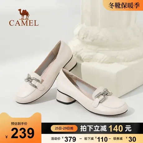 骆驼女鞋2023秋季新款真皮圆头中跟休闲乐福鞋小皮鞋粗跟单鞋女图片