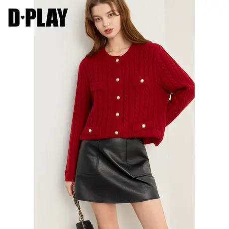 DPLAY冬法式复古绞花羊毛衫新年穿搭红色针织开衫慵懒毛衣商品大图