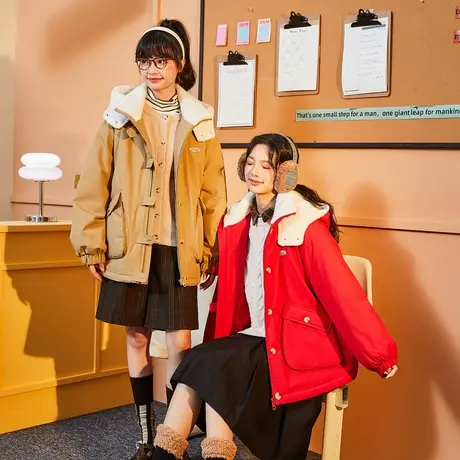 唐狮棉服连帽仿羊羔绒外套女装冬季新中长款宽松加绒加厚棉衣流行图片