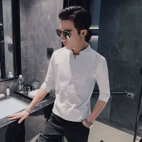 短袖衬衫时尚发型师日系七分袖韩版潮牌中袖衬衣ins潮流纯色百搭商品大图