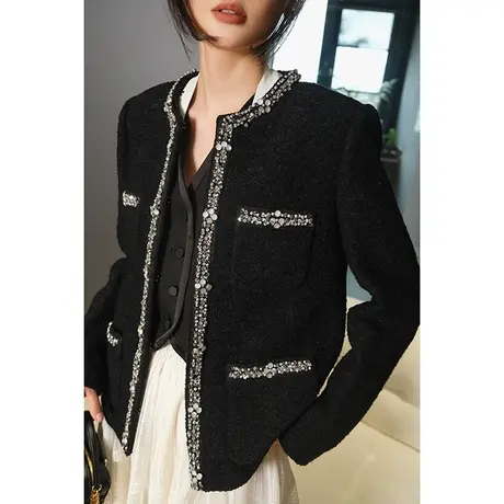 2024春季新款高品质高人气小香风钻石织带边女士羊毛短外套上衣女商品大图