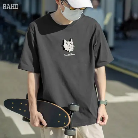 Radiohead短袖t恤男纯棉圆领上衣黑色打底衫猫咪印花23夏季新款潮商品大图