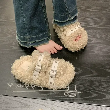 厚底黑色羊卷毛毛拖鞋女秋冬外穿2024年新款小众设计感增高毛毛鞋图片