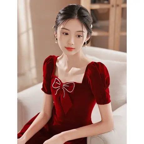 订婚连衣裙敬酒服小个子新娘夏季款甜美蝴蝶结红色小礼服平时可穿商品大图
