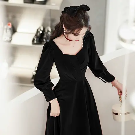 黑色晚礼服裙女2024新款冬季长袖宴会年会气质主持人高级质感丝绒商品大图