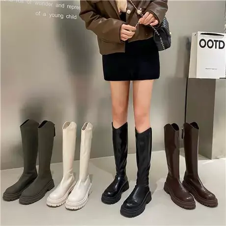 小个子长筒骑士靴女靴子2023年新款秋冬季卡其色夏季切尔西高筒靴商品大图