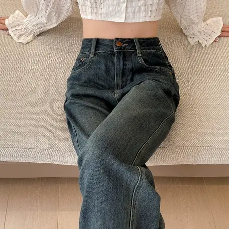 美式复古阔腿牛仔裤女2024春秋新款高腰垂感加绒加厚直筒拖地裤子商品大图
