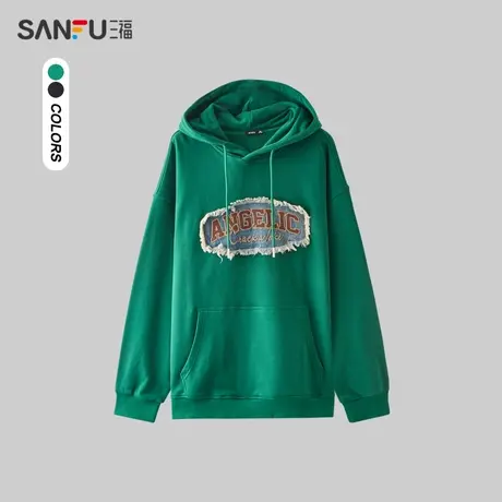 三福2024春季男士美式牛仔拼接卫衣 街头潮流带帽上衣男482207商品大图