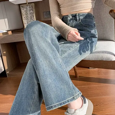 蓝色阔腿牛仔裤女春秋2024春秋新款高腰宽松显瘦复古直筒拖地裤子商品大图