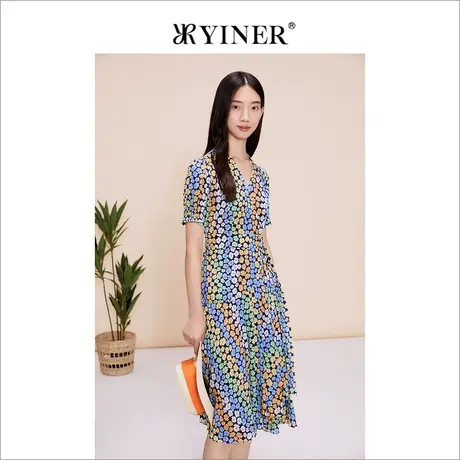 YINER音儿春季法式优雅高腰V领A字桑蚕丝收腰修身连衣裙商品大图