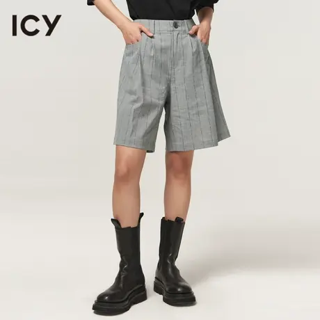 icy女装新款通勤风简约时尚条纹印花阔腿女中性短裤休闲中裤图片