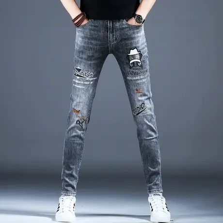 刺绣高端灰色牛仔裤男款2024新款修身百搭小脚裤子男潮流美式高街图片
