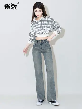 冷茶色高腰牛仔喇叭裤2024年春季新款微喇裤韩版休闲百搭女裤显高商品大图