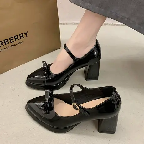 法式粗跟玛丽珍鞋女2024年春夏季尖头浅口单鞋配裙子高跟小皮鞋商品大图