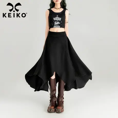 KEIKO不规则设计黑色半身裙中长款2024春夏灵动荷叶边显瘦a字长裙商品大图