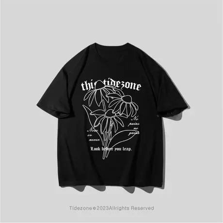 Ohlyah潮牌植物花卉单色花朵印花短袖t恤男女夏新款宽松情侣半袖图片